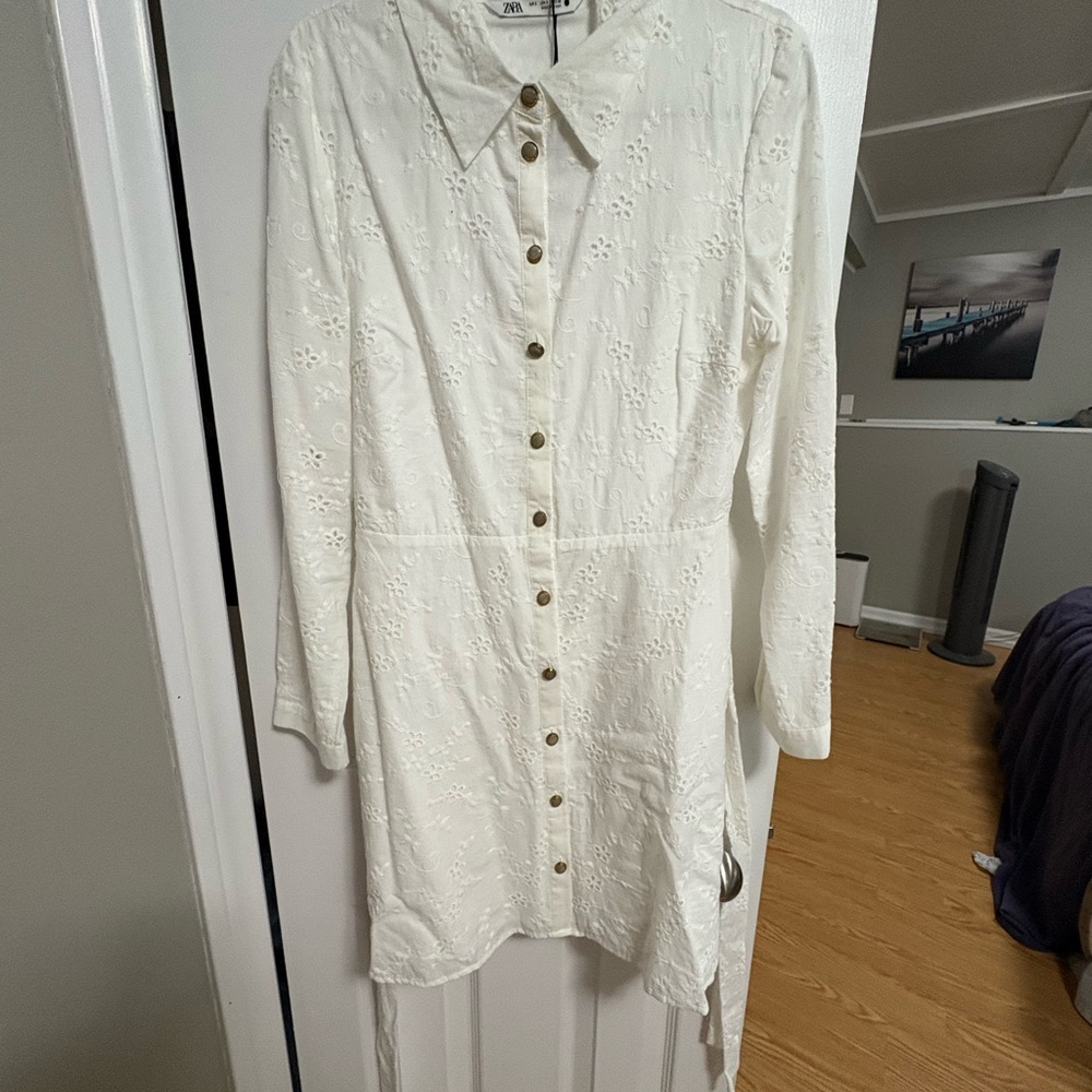 Zara Ivory Floral Embroidered Shirt Dress